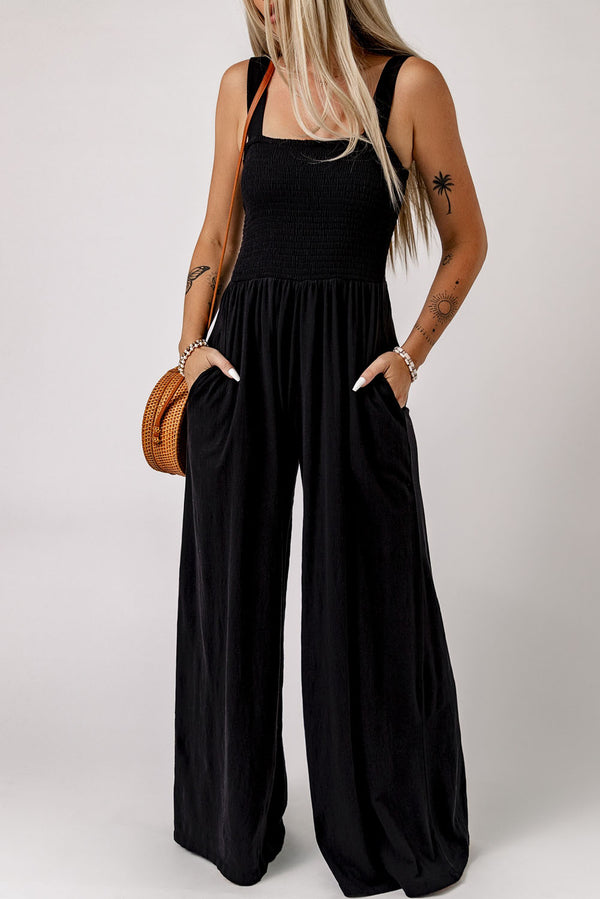 Smocked Square Neck Wide Leg Jumpsuit with Pockets in multiple colors – Jowlili