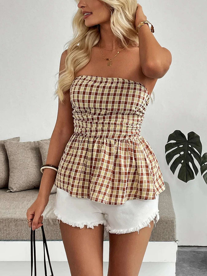 Strapless Smocked Plaid Peplum Top Retro Summer Chic - JOWLILI