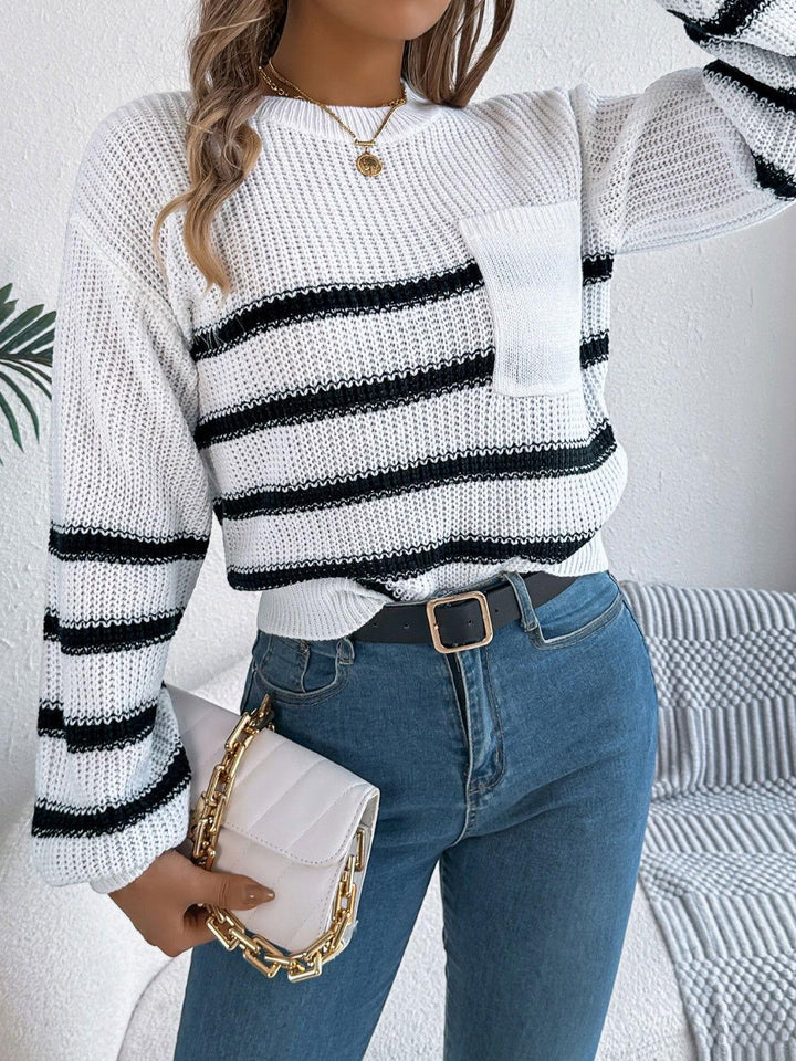 Striped Round Neck Long Sleeve Sweater - JOWLILI