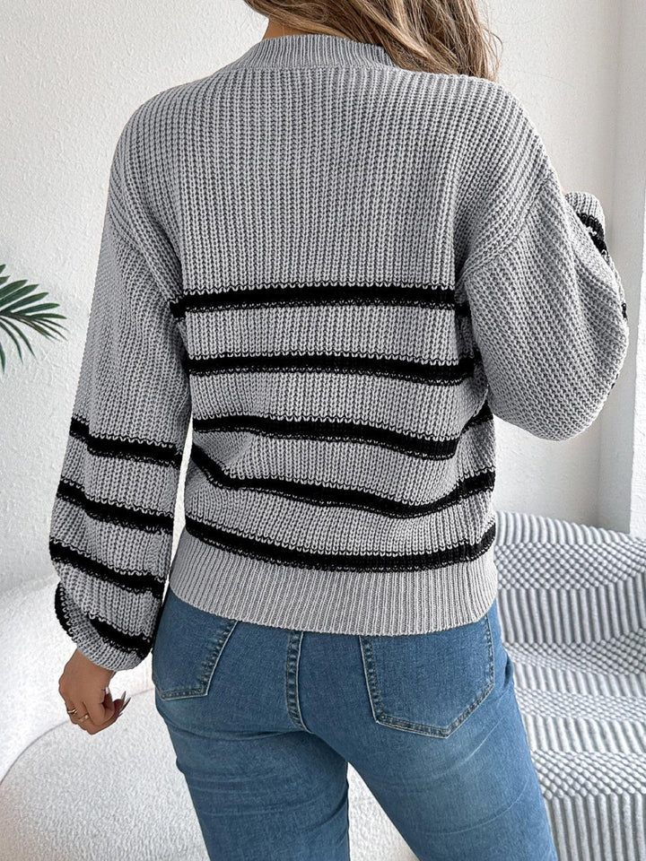 Striped Round Neck Long Sleeve Sweater - JOWLILI