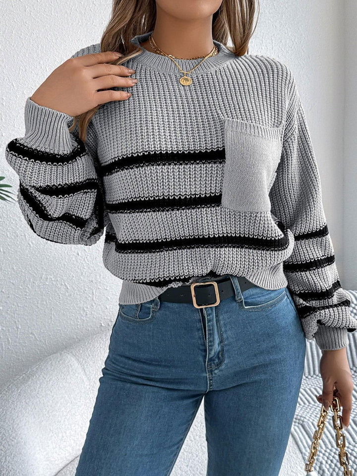 Striped Round Neck Long Sleeve Sweater - JOWLILI