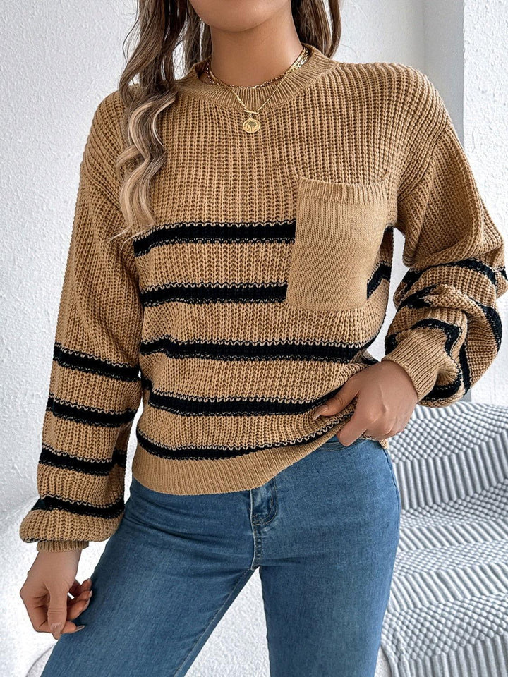Striped Round Neck Long Sleeve Sweater - JOWLILI
