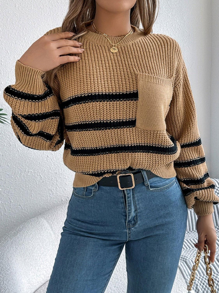 Striped Round Neck Long Sleeve Sweater - JOWLILI