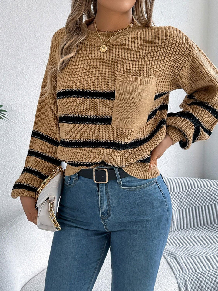Striped Round Neck Long Sleeve Sweater - JOWLILI