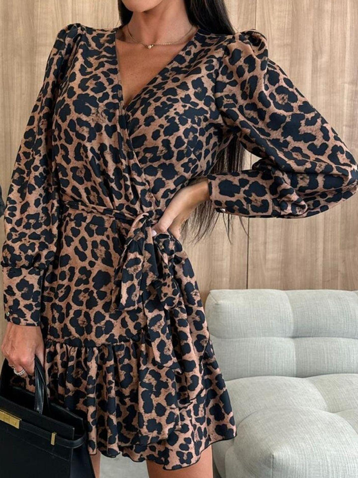 Tied Leopard Surplice Long Sleeve Dress - JOWLILI