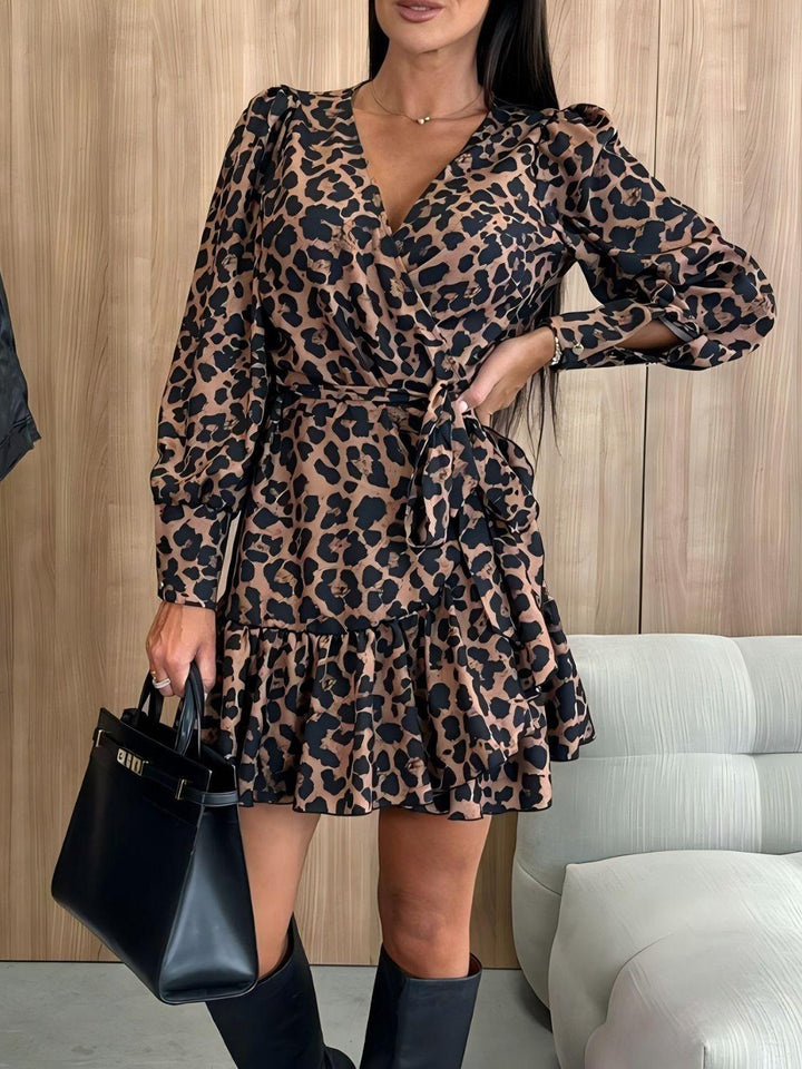 Tied Leopard Surplice Long Sleeve Dress - JOWLILI