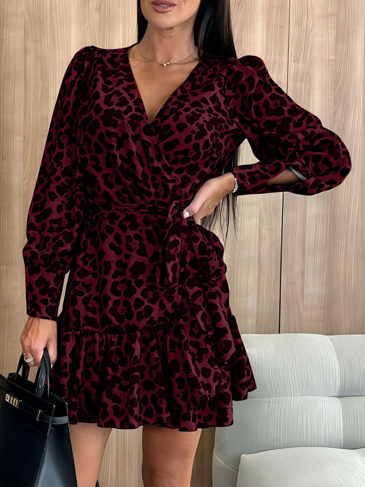 Tied Leopard Surplice Long Sleeve Dress - JOWLILI