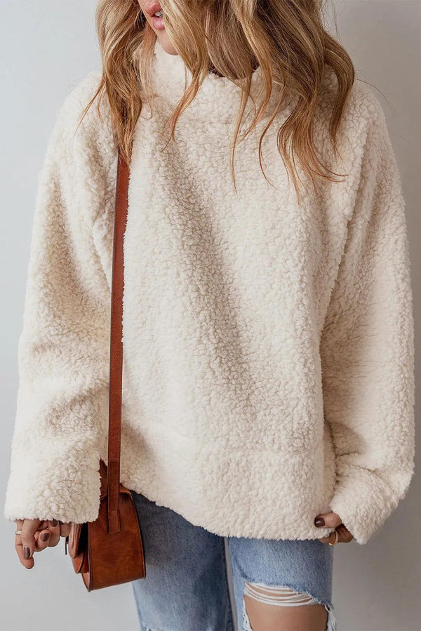Turtleneck Long Sleeve Slit Fleece Sweatshirt - JOWLILI