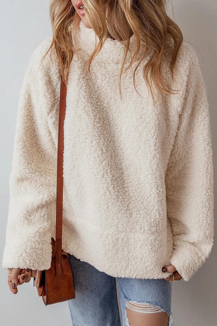 Turtleneck Long Sleeve Slit Fleece Sweatshirt - JOWLILI