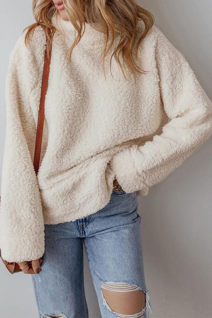 Turtleneck Long Sleeve Slit Fleece Sweatshirt - JOWLILI