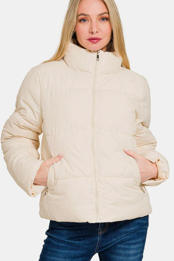 Zenana Zip Up Turtleneck Puffer Jacket with Pockets - JOWLILI