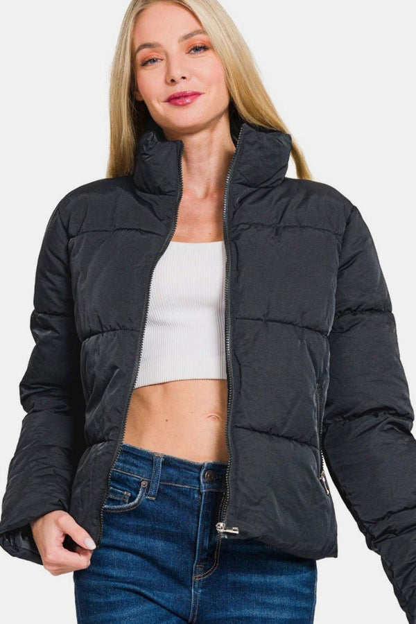 Zenana Zip Up Turtleneck Puffer Jacket with Pockets - JOWLILI