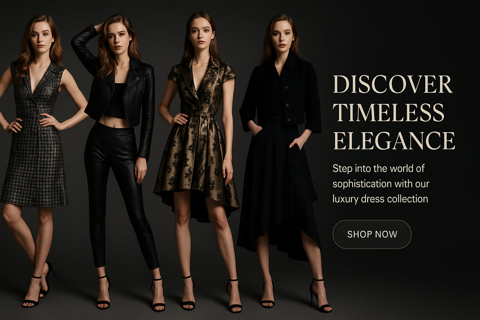 Five models wearing luxury dresses with 'Discover Elegance