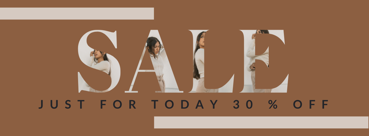 Sale banner with a woman's face in the letter 'O' on a brown background